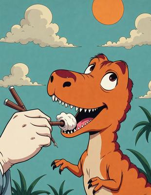 The primary subject of the image is a cartoon dinosaur, specifically a T-Rex, eating a piece of cake. The dinosaur is depicted with a smile on its face, indicating a playful and lighthearted atmosphere. The setting is a grassy area, and the visual style is a colorful, hand-drawn illustration. The colors are vibrant and lively, creating a fun and engaging scene.