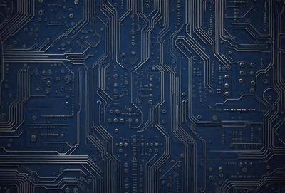 The primary subject of the image is a close-up of a blue circuit board with many wires and components. The setting is a dark room, and the visual style appears to be a digital art or illustration. The dominant colors are blue and black, creating a moody and technical atmosphere.