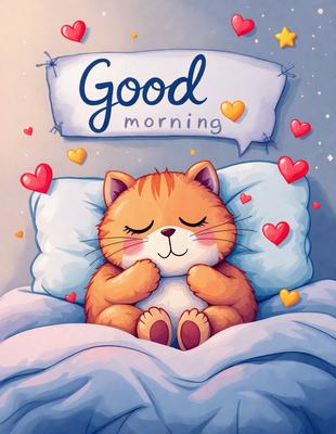 The primary subject of the image is a cute cartoon cat lying on a bed. The cat is positioned in the center of the image, and it appears to be sleeping or resting. The setting is a cozy bedroom, with a bed visible in the background. The visual style is a combination of digital art and illustration, creating a whimsical and charming atmosphere. The dominant colors are warm and inviting, such as shades of orange and brown, which contribute to the overall mood of the image.