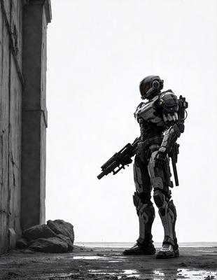 The primary subject of the image is a person wearing a futuristic suit, standing in front of a wall. The setting appears to be a futuristic environment, possibly a cityscape. The visual style of the image is digital art, as it is a detailed and well-rendered illustration. The colors and mood of the image are dark and moody, with the person standing in the shadows, emphasizing the futuristic and mysterious atmosphere.