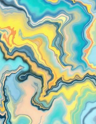 The primary subject of the image is a colorful, abstract painting featuring a mix of blue, yellow, and green hues. The painting is displayed on a blue surface, which adds to the overall visual style. The colors and mood of the painting create a vibrant and lively atmosphere, making it an eye-catching piece of art.