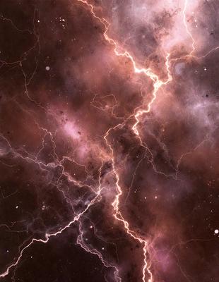 Primary subject: Lightning bolt
Setting/background: Space
Visual style: Digital art
Colors and mood: Purple, pink, and orange