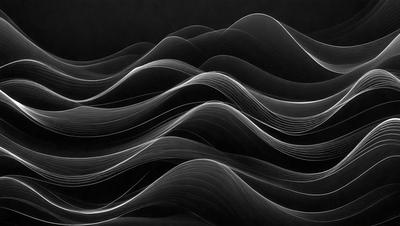 The primary subject of the image is a black and white wave pattern. The setting is a black background, which creates a striking contrast with the wave pattern. The visual style is a combination of a photo and digital art, as it appears to be a close-up of a wave pattern. The dominant colors are black and white, giving the image a classic and timeless feel.