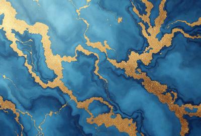 The primary subject of the image is a blue and gold mosaic design. The setting is a blue background, and the visual style appears to be a combination of digital art and illustration. The dominant colors are blue and gold, creating a rich and vibrant atmosphere.