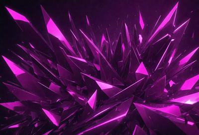 The primary subject of the image is a large cluster of purple crystals, which are the main objects in the scene. The setting is a dark, purple background that contrasts with the bright, purple crystals. The visual style of the image is digital art, as it appears to be a computer-generated or digitally manipulated image. The dominant colors in the image are purple, creating a moody and dramatic atmosphere.