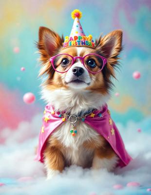 The primary subject of the image is a small dog wearing a birthday cape and glasses. The dog is sitting on a cloud, which serves as the setting for the scene. The visual style of the image is a photo, capturing the dog's adorable appearance. The colors and mood of the image are predominantly pink and cheerful, as the dog is dressed in a birthday cape and surrounded by a cloudy background.