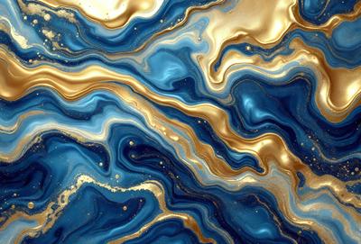 The primary subject of the image is a blue and gold marbled stone, which appears to be a piece of art or a decorative item. The setting is a close-up view of the marbled stone, showcasing its intricate patterns and colors. The visual style of the image is a combination of a photo and digital art, as it captures the beauty of the marbled stone while also displaying a creative and artistic touch. The dominant colors in the image are blue and gold, creating a sense of luxury and s