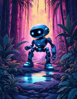 The primary subject of the image is a robot, which is standing in a jungle-like environment. The robot is surrounded by a variety of plants, including palm trees and ferns. The setting appears to be a digital art or illustration, with a vibrant and lush atmosphere. The colors and mood of the image are predominantly green and blue, creating a sense of tranquility and natural beauty.