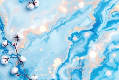 The primary subject of the image is a branch with white flowers on it. The setting is a blue and white ocean, creating a serene and calming atmosphere. The visual style is a combination of photo and digital art, giving the image a unique and artistic appearance. The dominant colors are blue and white, which contribute to the overall mood of the scene.