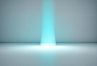 The primary subject of the image is a blue light source, which appears to be a light bulb or a light fixture. The light source is located in the center of the image, and it is surrounded by a white background. The visual style of the image is a combination of photo and digital art, as it captures the light source in a realistic manner while also showcasing its unique blue hue. The colors and mood of the image are predominantly blue and white, creating a sense of calmness and tranqu