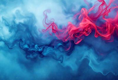 The primary subject of the image is a blue and red smoke trail, which appears to be a digital art or illustration. The setting is a blue background, and the visual style gives the impression of a painting or drawing. The dominant colors are blue and red, creating a vibrant and energetic atmosphere.