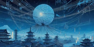 The primary subject of the image is a large, blue, geometric sphere, which is the main focus of the scene. The setting is a nighttime cityscape, with a sky background and a few buildings visible in the distance. The visual style is a combination of digital art and illustration, creating a unique and intricate design. The colors and mood of the image are predominantly blue and dark, giving it a mysterious and captivating atmosphere.