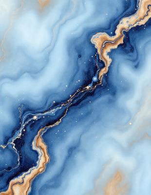 The primary subject of the image is a blue and yellow swirling pattern, which appears to be a painting or a digital artwork. The setting is a blue and white marbled surface, which serves as the background. The visual style is a combination of painting and digital art, creating a unique and vibrant atmosphere. The dominant colors are blue and yellow, with the blue marbled surface and yellow swirls creating a striking contrast.
