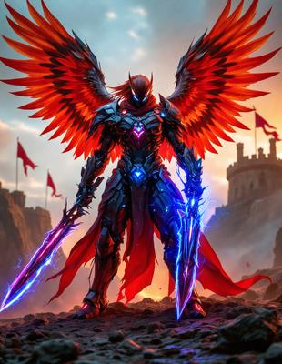 The primary subject of the image is a character, possibly a warrior or a superhero, wearing a suit with a red cape and holding two swords. The character is standing on a hill, with a castle visible in the background. The visual style of the image is digital art, and the colors and mood are predominantly red and dark, giving the scene a dramatic and intense atmosphere.