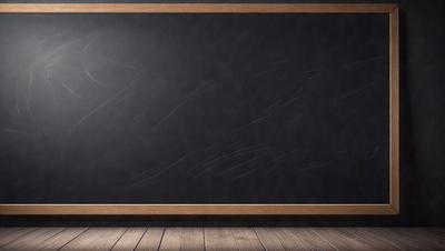 The primary subject of the image is a chalkboard with a black background. The setting is a room with a wooden floor. The visual style is a photo of a chalkboard with a black background. The colors and mood of the image are dark and moody, with the black chalkboard and wooden floor creating a sense of depth and contrast.