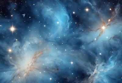 The primary subject of the image is a beautiful blue nebula with stars and a bird flying through it. The setting is a night sky filled with stars, creating a serene and peaceful atmosphere. The visual style is a combination of a photo and digital art, as it captures the vibrant colors and intricate details of the nebula. The colors and mood of the image are predominantly blue, with a touch of white, creating a sense of calmness and tranquility.