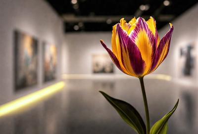 The primary subject of the image is a single yellow and purple tulip flower, which is the main focus of the image. The setting is a white wall, which serves as the backdrop for the flower. The visual style of the image is a photo, capturing the beauty of the flower in its natural environment. The colors of the flower are predominantly yellow and purple, creating a vibrant and lively atmosphere.