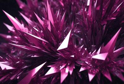 The primary subject of the image is a large cluster of purple crystals, possibly resembling a pink flower. The setting is a dark background, which contrasts with the vibrant colors of the crystals. The visual style appears to be a combination of photo and digital art, creating a unique and eye-catching image. The dominant colors are purple and pink, giving the scene a lively and energetic atmosphere.