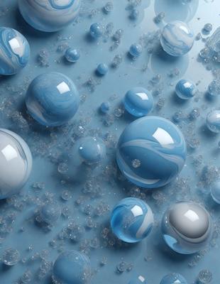 The primary subject of the image is a group of blue glass bubbles floating on a blue surface. The setting appears to be a blue background, which adds to the overall visual style. The colors and mood of the image are predominantly blue, creating a calm and serene atmosphere.
