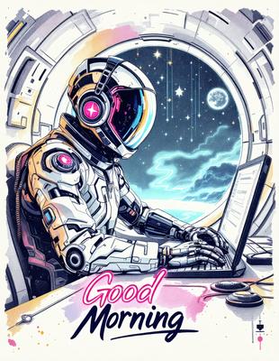 The primary subject of the image is a person, likely a space traveler, sitting in a chair and using a laptop. The setting is a space station, as indicated by the presence of a laptop and the space traveler's attire. The visual style is a digital art or illustration, with a colorful and vibrant atmosphere.