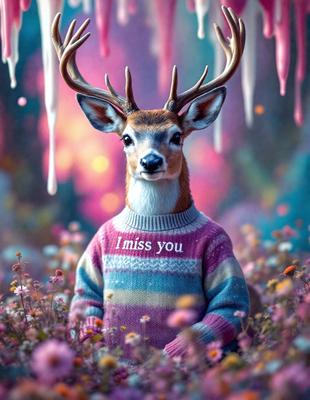 The primary subject of the image is a deer, which is wearing a sweater with the words "I miss you" written on it. The deer is standing in a field of flowers, creating a beautiful and heartwarming scene. The setting is a natural environment with a focus on the deer and the flowers. The visual style of the image is a combination of photo and digital art, giving it a unique and artistic appearance. The colors and mood of the image are predominantly warm and inviting, with