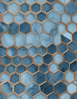 The primary subject of the image is a close-up of a blue and gold marble tile. The setting is a bathroom, as indicated by the presence of a blue tile wall. The visual style is a close-up of a tile, which gives a sense of texture and pattern. The dominant colors are blue and gold, creating a luxurious and elegant atmosphere.