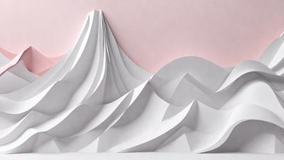 The primary subject of the image is a large, three-dimensional paper sculpture of a mountain. The setting is a white background, which provides a clean and minimalist appearance. The visual style is a combination of digital art and illustration, as the paper sculpture is created using paper and scissors. The colors and mood of the image are predominantly white, giving it a clean and serene atmosphere.