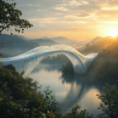 The primary subject of the image is a large, curved bridge that spans across a body of water. The bridge is made of a transparent material, giving it a unique and futuristic appearance. The setting is a beautiful, serene landscape with mountains in the background and a sunset casting a warm glow over the scene. The visual style of the image is a combination of photo and digital art, creating a stunning and imaginative representation of the bridge. The colors and mood of the image are predominantly warm and