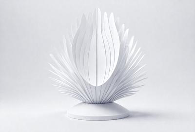 The primary subject of the image is a white paper flower sculpture. The setting is a white background, which provides a clean and minimalist appearance. The visual style is a combination of digital art and illustration, as the paper flower is skillfully crafted and detailed. The colors and mood of the image are predominantly white, giving it a clean, elegant, and serene atmosphere.