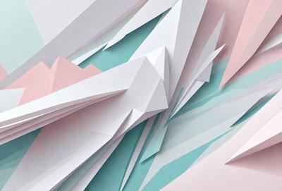 The primary subject of the image is a large, three-dimensional paper sculpture. The sculpture is made of paper and is displayed in a pink and blue color scheme. The setting is a white wall, which serves as the background for the sculpture. The visual style of the image is a combination of digital art and illustration, as the paper sculpture appears to be a digital creation. The colors and mood of the image are vibrant and lively, with the pink and blue hues creating a sense of energy