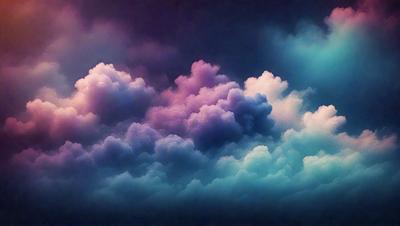 The primary subject of the image is a cloudy sky with various cloud formations. The setting is a dark, cloudy sky, which creates a moody atmosphere. The visual style is a combination of photo and digital art, as the clouds are depicted in a realistic manner while the overall composition is artistic. The dominant colors are shades of blue and purple, which contribute to the overall mood of the scene.