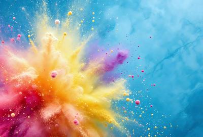 The primary subject of the image is a colorful explosion of paint, with a variety of colors and shapes. The setting is a blue sky, which serves as a beautiful backdrop for the vibrant display. The visual style of the image is a combination of photo and digital art, creating a dynamic and eye-catching scene. The dominant colors in the image are a mix of pink, yellow, and blue, giving the scene a lively and energetic atmosphere.