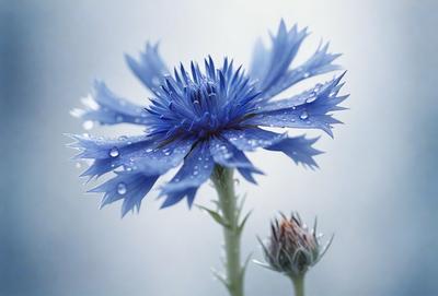 The primary subject of the image is a blue flower with drops of water on it. The setting is a white background, which creates a clean and minimalistic visual style. The colors and mood of the image are predominantly blue, giving it a calm and serene atmosphere.