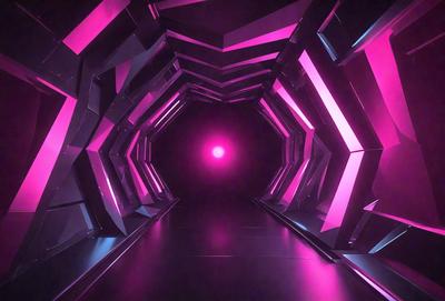 The primary subject of the image is a tunnel with a pink light illuminating it. The setting is a dark room, and the visual style appears to be a digital art or illustration. The dominant colors in the image are pink and purple, creating a warm and inviting atmosphere.