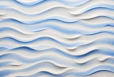 The primary subject of the image is a large, white, and blue wave pattern. The setting is a white wall, and the visual style is a combination of photo and digital art. The dominant colors are white and blue, creating a calm and soothing atmosphere.