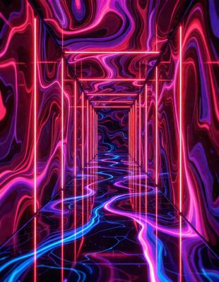 The primary subject of the image is a long, narrow hallway with a blue and pink color scheme. The hallway is illuminated by a series of pink lights, creating a unique and visually striking atmosphere. The setting appears to be a futuristic or artistic environment, possibly a museum or an art installation. The visual style of the image is a combination of digital art and illustration, with the use of lighting and color to create a dynamic and engaging scene. The overall mood of the image is one