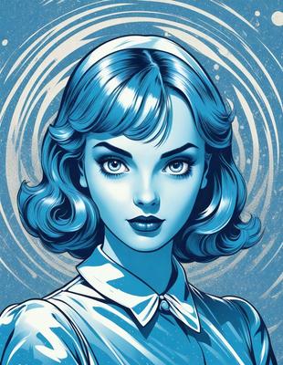 The primary subject of the image is a woman with blue hair, wearing a white shirt. She is looking directly at the camera, with a focused expression. The setting is a blue background, which adds to the overall mood of the image. The visual style is a digital art or illustration, with a clear and detailed representation of the woman.