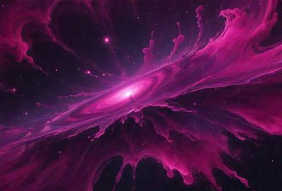 The primary subject of the image is a pink nebula, which is a swirling mass of gas and dust in space. The setting is a dark, starry sky, with the nebula as the main focus. The visual style is a digital art or illustration, creating a vibrant and colorful scene. The dominant colors are pink and purple, giving the image a warm and dreamy atmosphere.