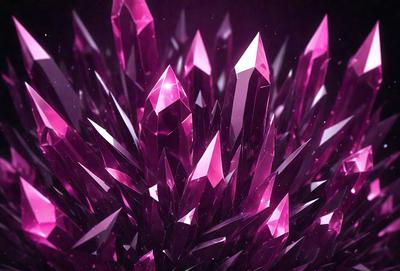 The primary subject of the image is a large, purple crystal formation. The setting is a dark, purple background, which contrasts with the bright, pink crystals. The visual style is a combination of digital art and illustration, creating a unique and eye-catching design. The colors and mood of the image are predominantly purple and pink, giving it a vibrant and lively atmosphere.