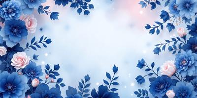 The primary subject of the image is a blue background with a leaf pattern. The setting is a white sky, and the visual style is digital art. The dominant colors are blue and white, creating a calm and serene atmosphere.