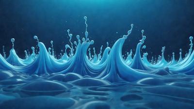 The primary subject of the image is a blue ocean with waves. The setting is a dark blue background, which creates a contrast with the waves. The visual style is a digital art or illustration, as the waves are depicted in a detailed and artistic manner. The colors and mood of the image are predominantly blue, creating a serene and calming atmosphere.