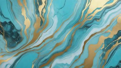 The primary subject of the image is a blue and gold marbled tile. The setting is a wall, and the visual style is a close-up of the tile. The dominant colors are blue and gold, creating a luxurious and elegant atmosphere.