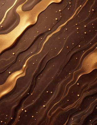 The primary subject of the image is a close-up of a chocolate-covered surface with a gold-colored pattern. The setting is a patterned surface, possibly a wall or a piece of artwork. The visual style appears to be a combination of a photo and digital art, creating a unique and intricate design. The colors and mood of the image are predominantly dark, with the gold pattern providing a touch of warmth and sophistication.