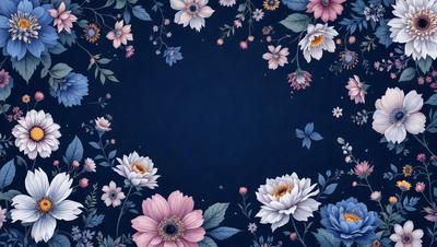 The primary subject of the image is a blue background with a pattern of white flowers. The setting is a blue background with a pattern of white flowers. The visual style is a digital art or illustration. The dominant colors are blue and white, creating a calm and serene atmosphere.