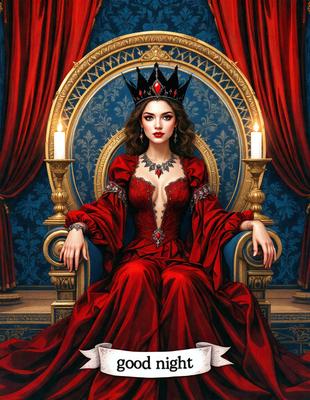 The primary subject of the image is a woman wearing a red dress and a crown, sitting on a chair. The setting is a room with a blue background, and the visual style is a digital art illustration. The woman is the main focus of the image, and the dominant colors are red and blue. The overall atmosphere is regal and elegant.