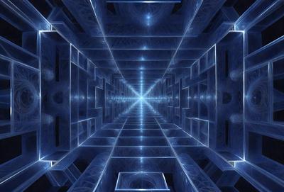 The primary subject of the image is a three-dimensional, blue-tinted, geometric structure, which appears to be a futuristic, abstract design. The setting is a dark, enclosed space, with the structure as the main focus. The visual style is a combination of digital art and illustration, creating a unique and intriguing atmosphere. The dominant colors are blue and black, with the blue tint adding a sense of depth and mystery to the scene.