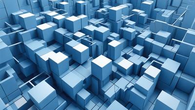 The primary subject of the image is a three-dimensional blue structure, which appears to be a cityscape or a futuristic building. The setting is a blue background, which adds to the overall visual style. The image is a digital art or illustration, showcasing the artist's creativity and skill in designing a complex and intricate structure. The dominant colors in the image are blue, which creates a sense of calmness and tranquility.