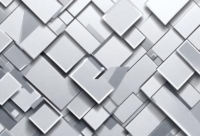 The primary subject of the image is a large, intricate pattern made up of various shapes and squares. The setting is a white background, which provides a clean and minimalist appearance. The visual style is a combination of digital art and illustration, creating a unique and eye-catching design. The dominant colors are white and gray, giving the pattern a modern and sophisticated feel.