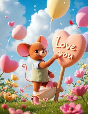 The primary subject of the image is a stuffed animal, specifically a teddy bear, which is holding a heart-shaped balloon. The setting is a field with flowers, creating a pleasant and colorful environment. The visual style is a digital art, as the teddy bear and the heart-shaped balloon are depicted in a vibrant and detailed manner. The colors and mood of the image are predominantly pink and cheerful, reflecting the love and affection associated with the teddy bear