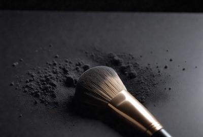 The primary subject of the image is a makeup brush, which is placed on a black surface. The brush is positioned in the center of the image, and it appears to be a gold-colored brush. The setting is a black background, which provides a contrasting backdrop for the brush. The visual style of the image is a close-up of the brush, highlighting its details. The colors in the image are predominantly black, giving the scene a dark and dramatic atmosphere.